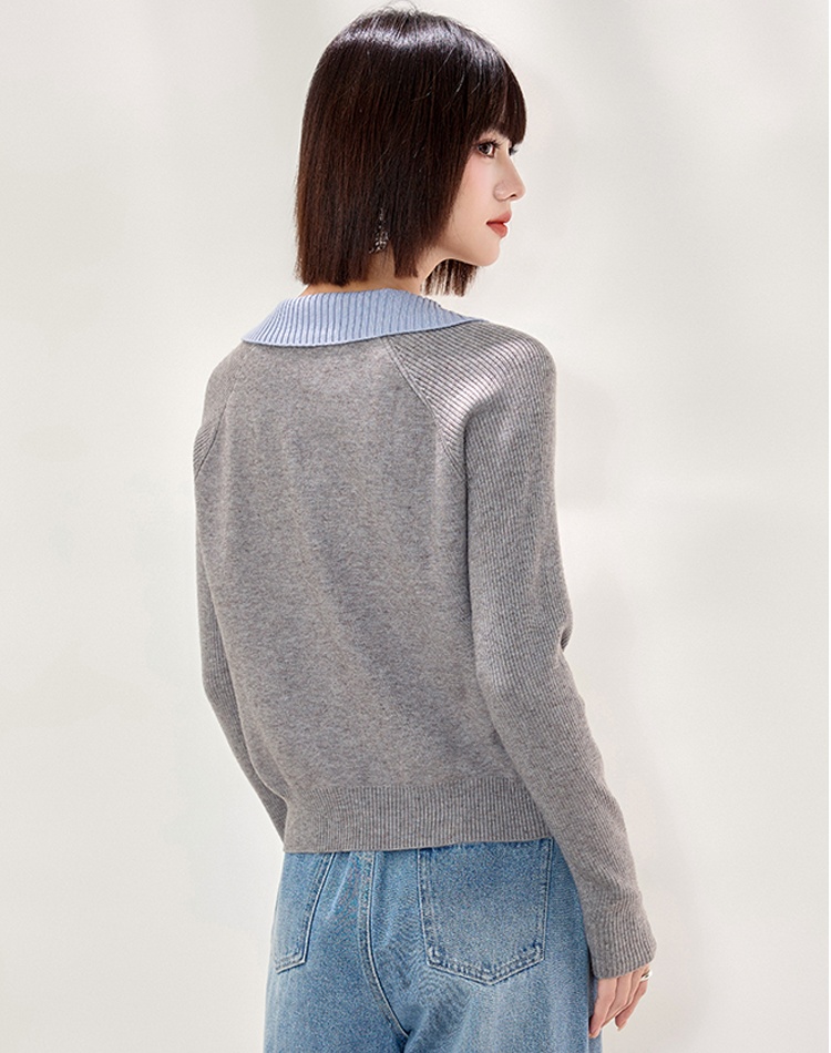 Temperament V-neck gray long sleeve lapel sweater for women