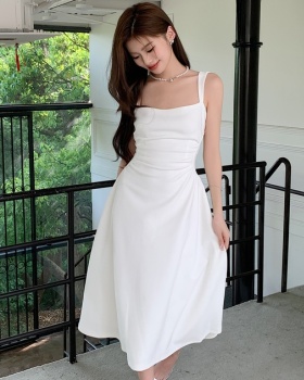 White pinched waist dress sling unique long dress