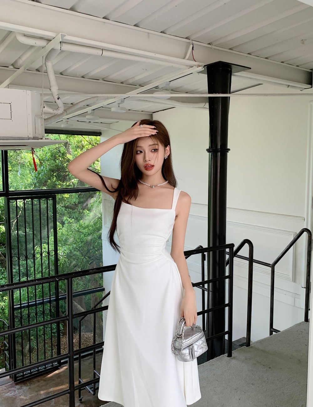 White pinched waist dress sling unique long dress