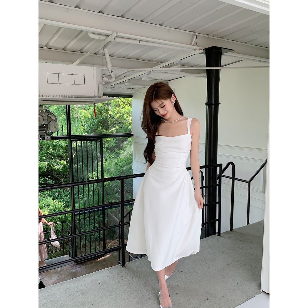 White pinched waist dress sling unique long dress