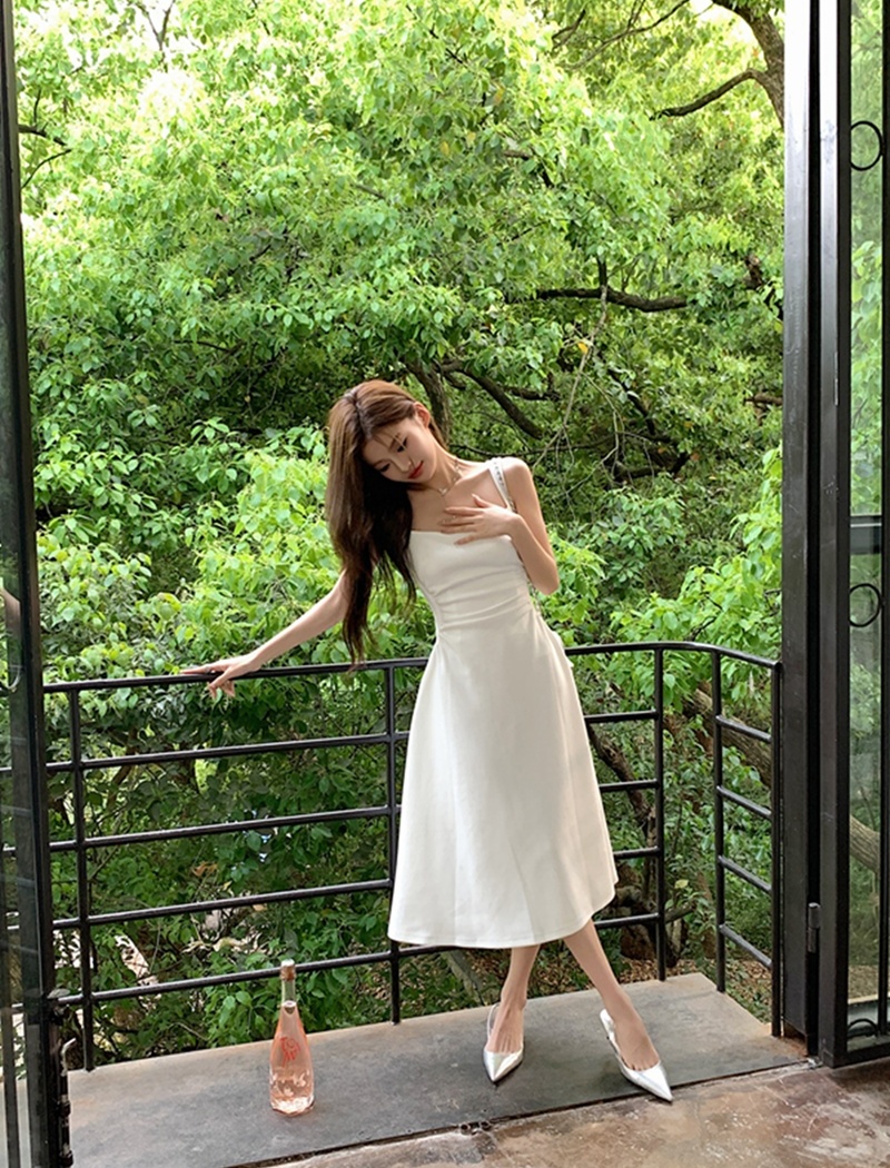 White pinched waist dress sling unique long dress