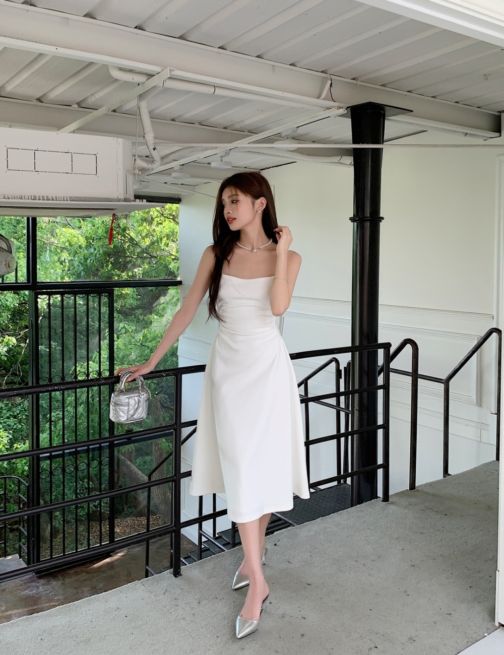 White pinched waist dress sling unique long dress
