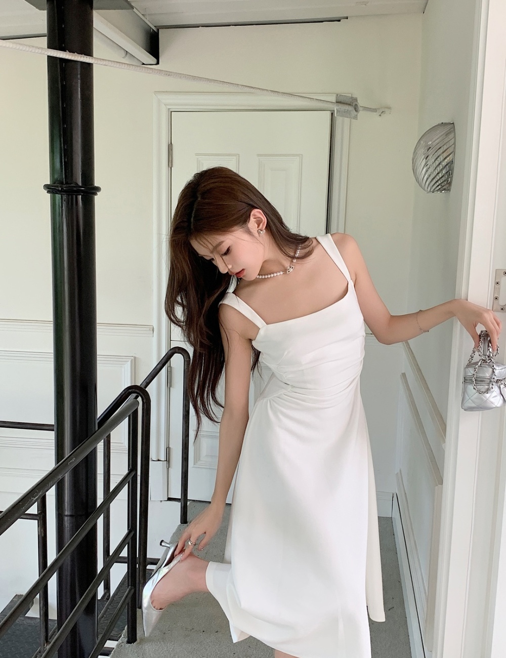 White pinched waist dress sling unique long dress