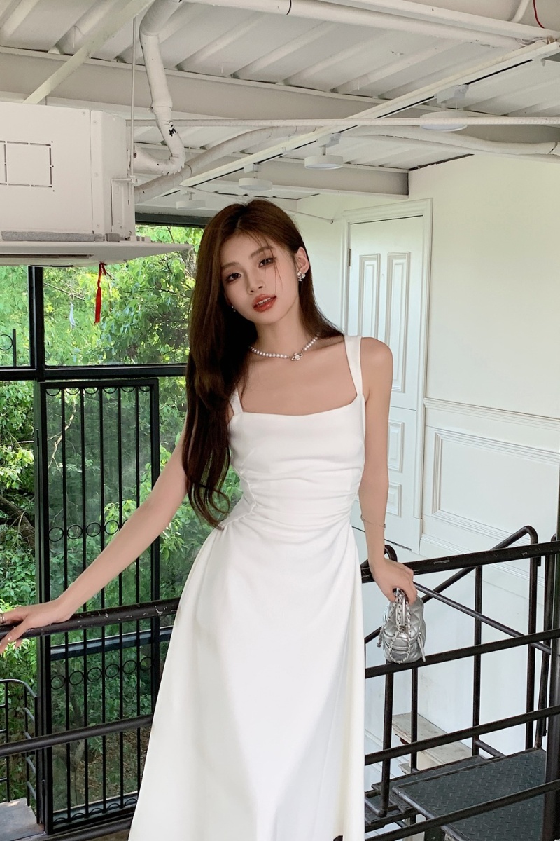 White pinched waist dress sling unique long dress