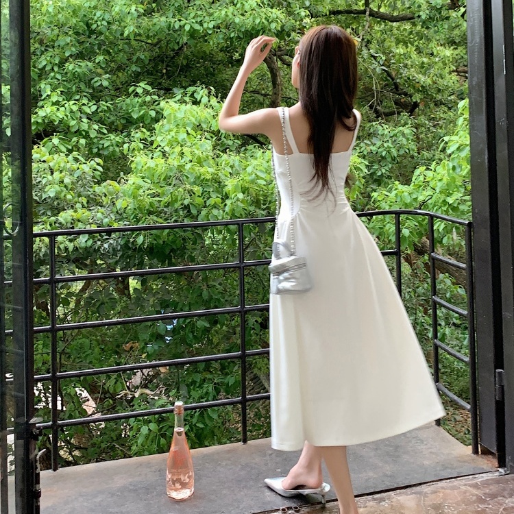 White pinched waist dress sling unique long dress