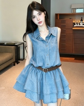 Pinched waist denim shirt temperament dress for women