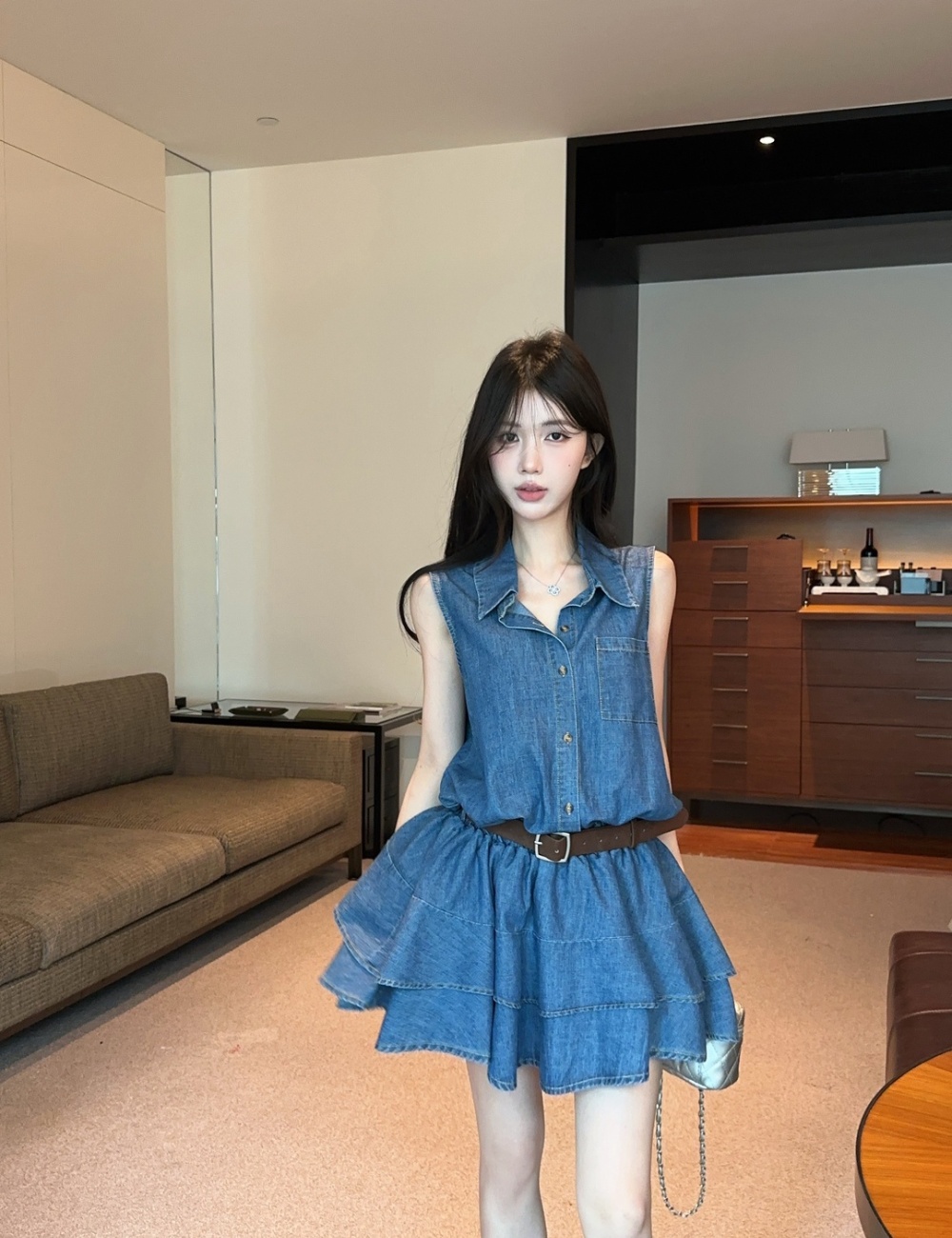 Pinched waist denim shirt temperament dress for women