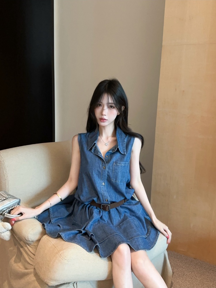 Pinched waist denim shirt temperament dress for women