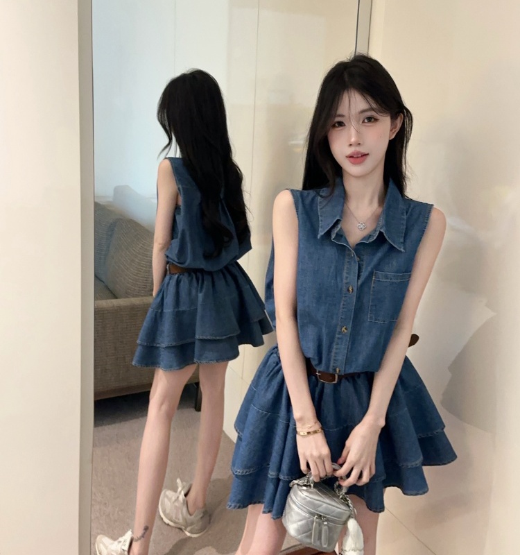 Pinched waist denim shirt temperament dress for women