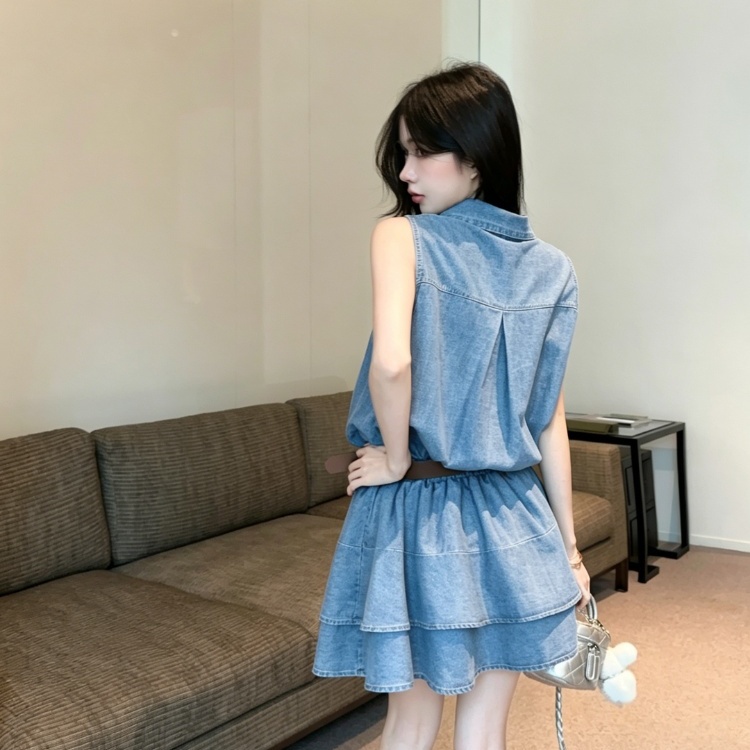 Pinched waist denim shirt temperament dress for women