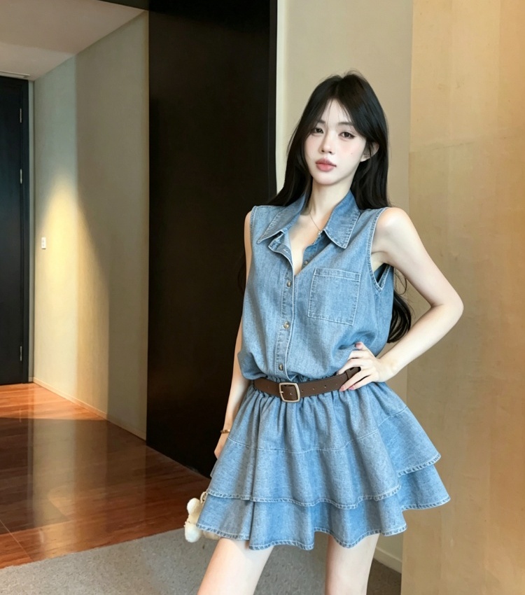 Pinched waist denim shirt temperament dress for women