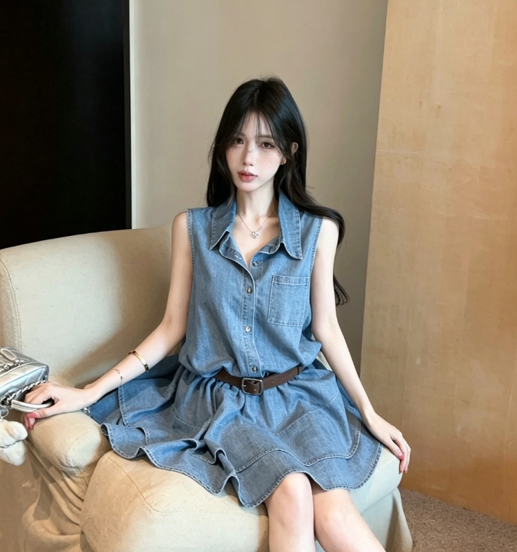 Pinched waist denim shirt temperament dress for women
