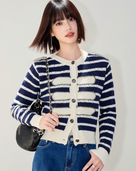 Stripe long sleeve cardigan knitted coat for women