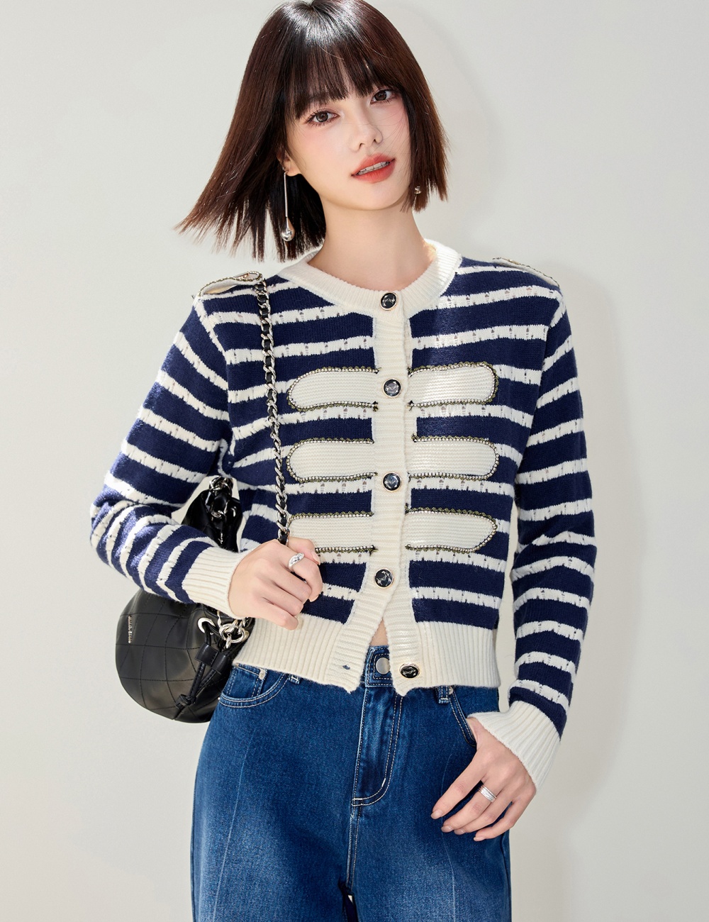 Stripe long sleeve cardigan knitted coat for women