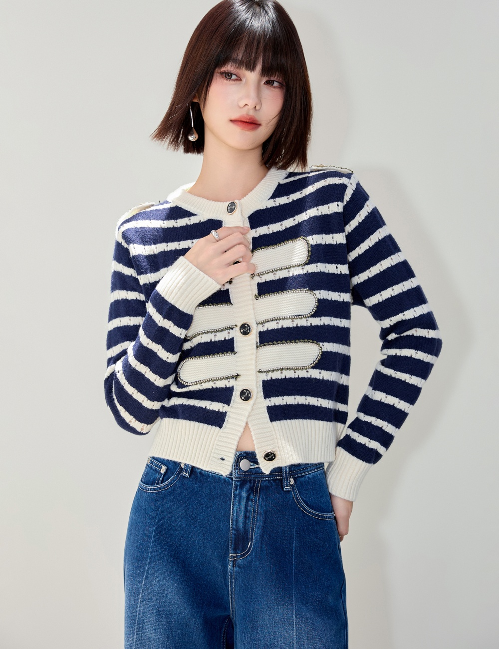 Stripe long sleeve cardigan knitted coat for women