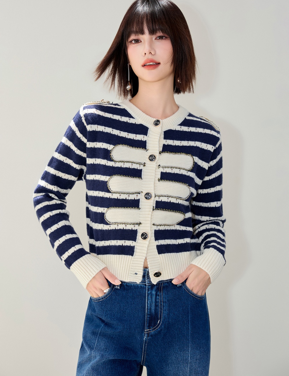 Stripe long sleeve cardigan knitted coat for women