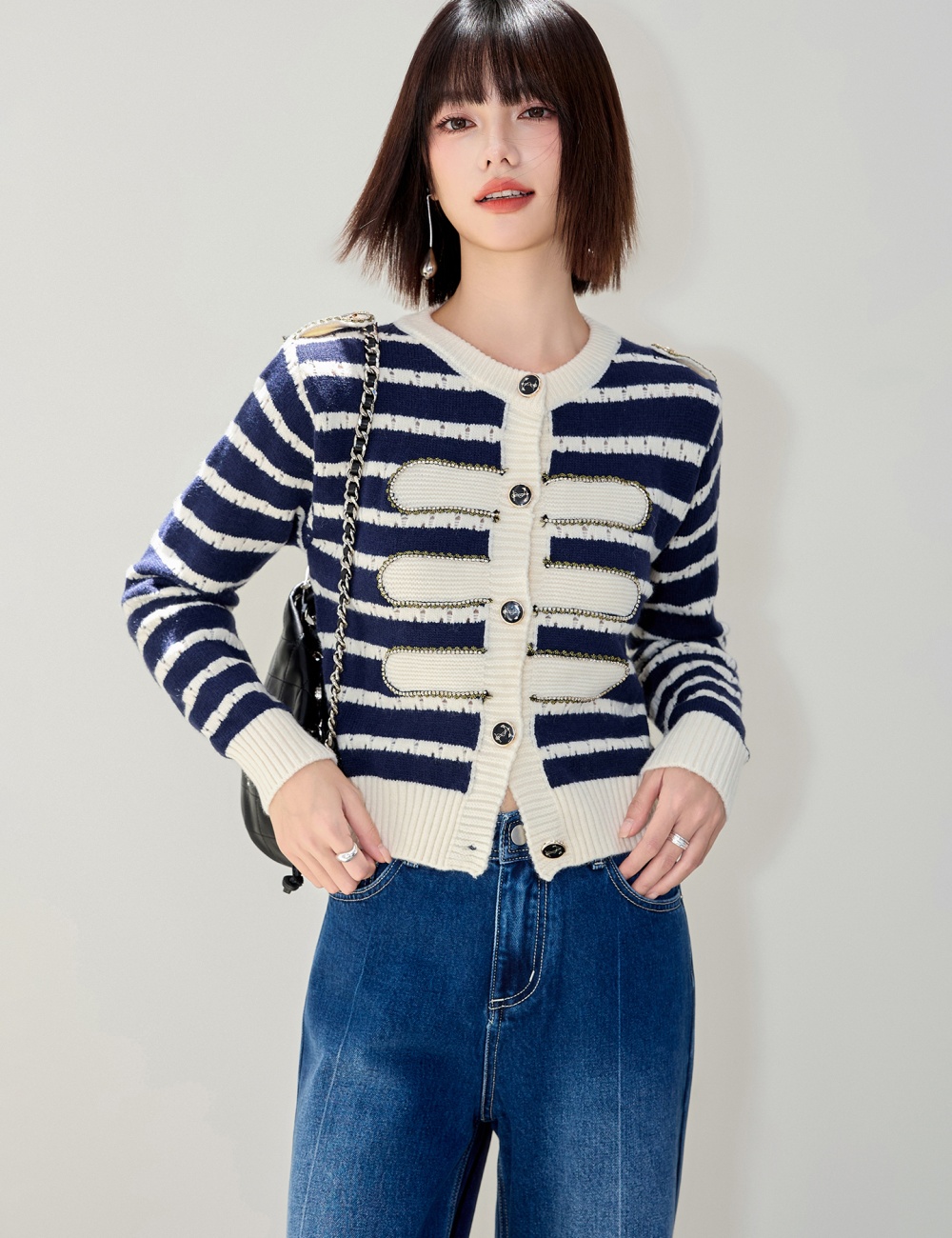 Stripe long sleeve cardigan knitted coat for women