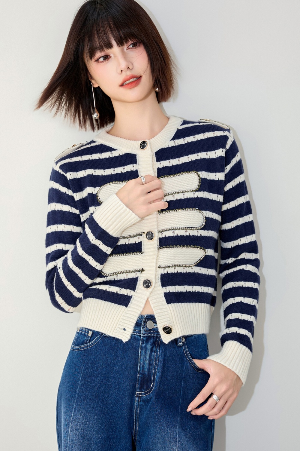 Stripe long sleeve cardigan knitted coat for women