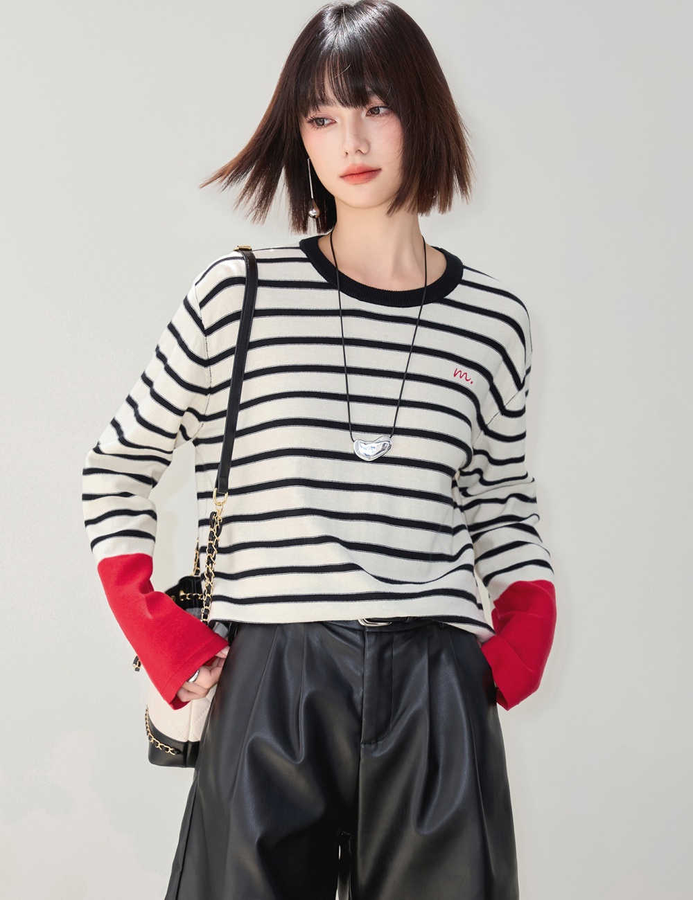 Pullover stripe T-shirt round neck tops for women