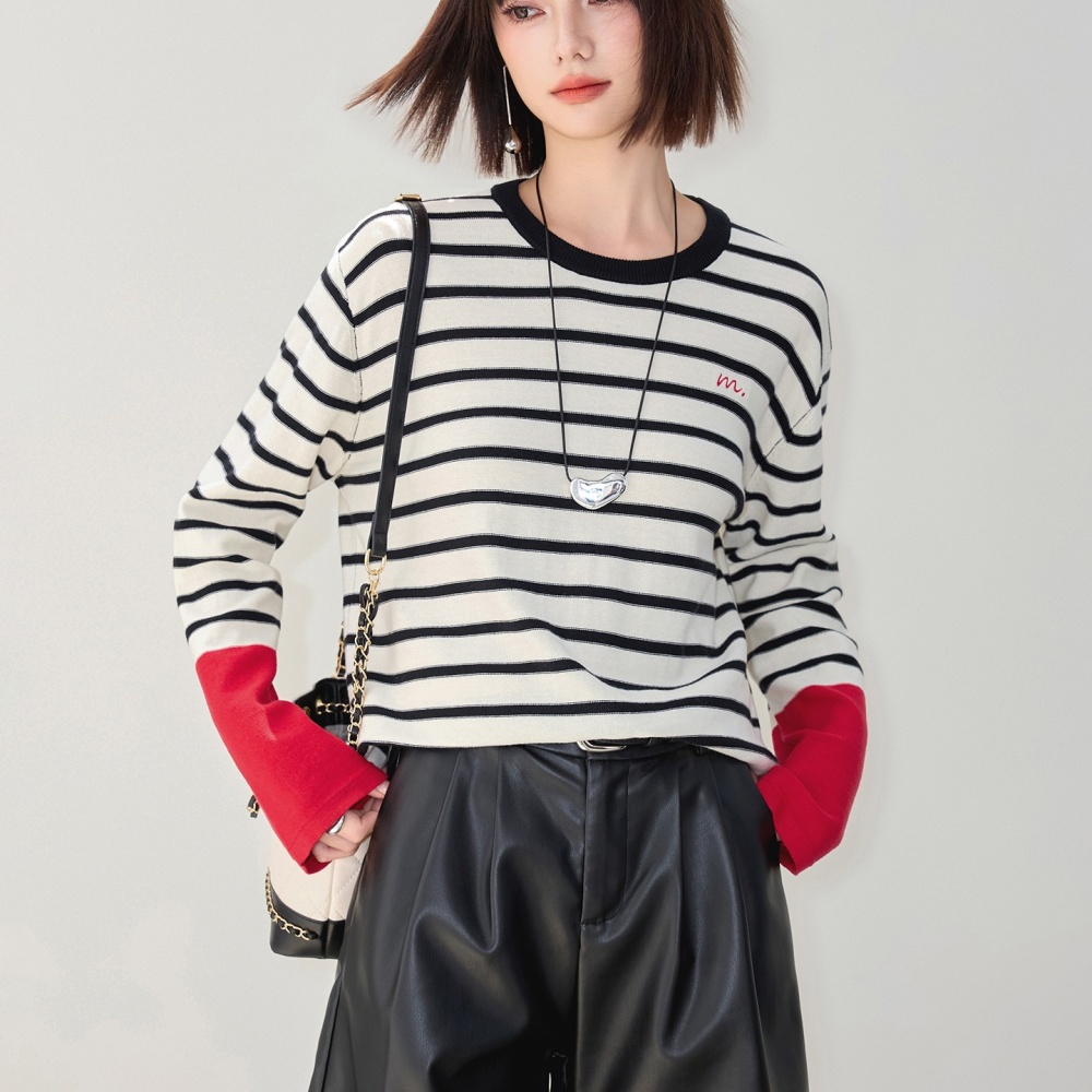 Pullover stripe T-shirt round neck tops for women