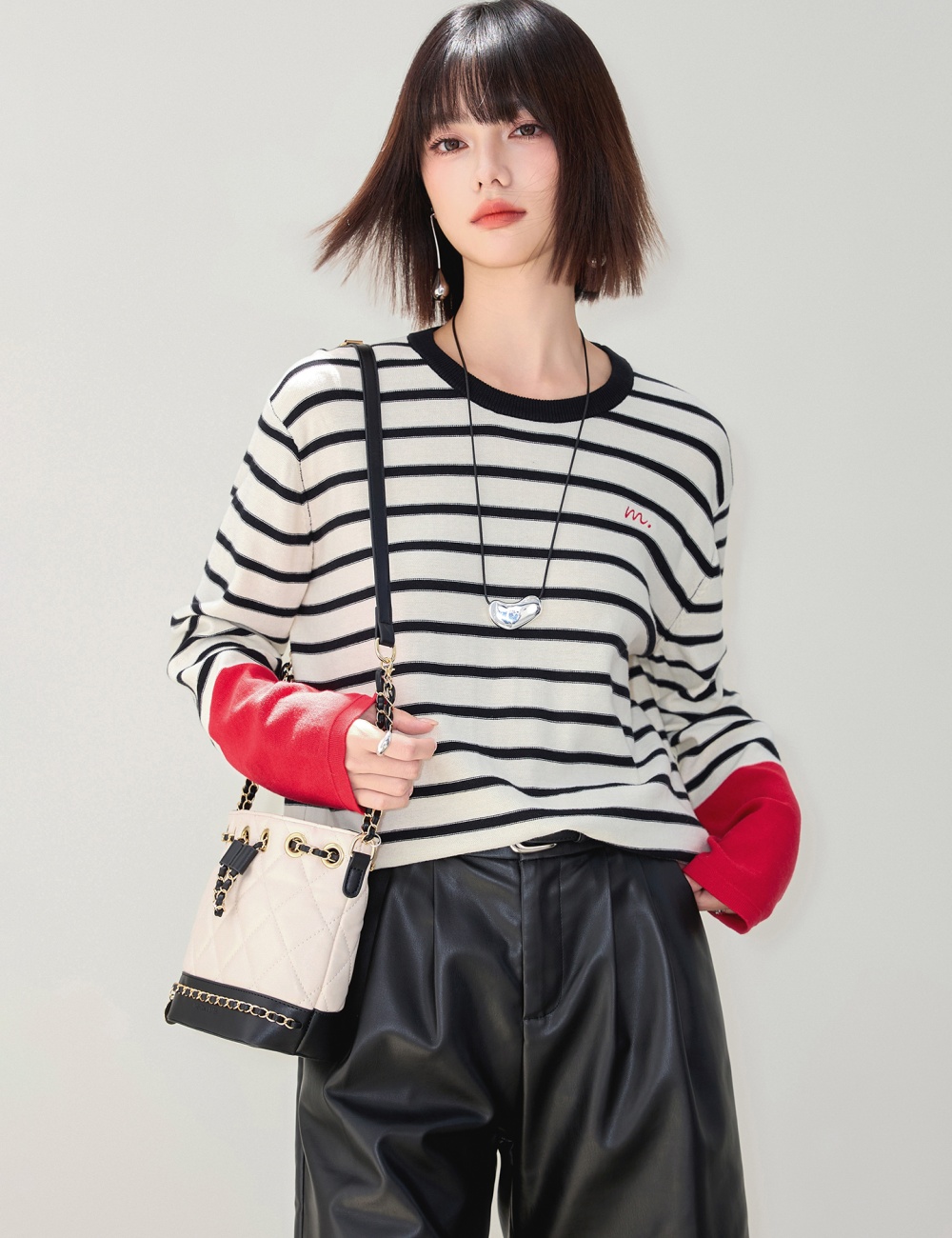 Pullover stripe T-shirt round neck tops for women
