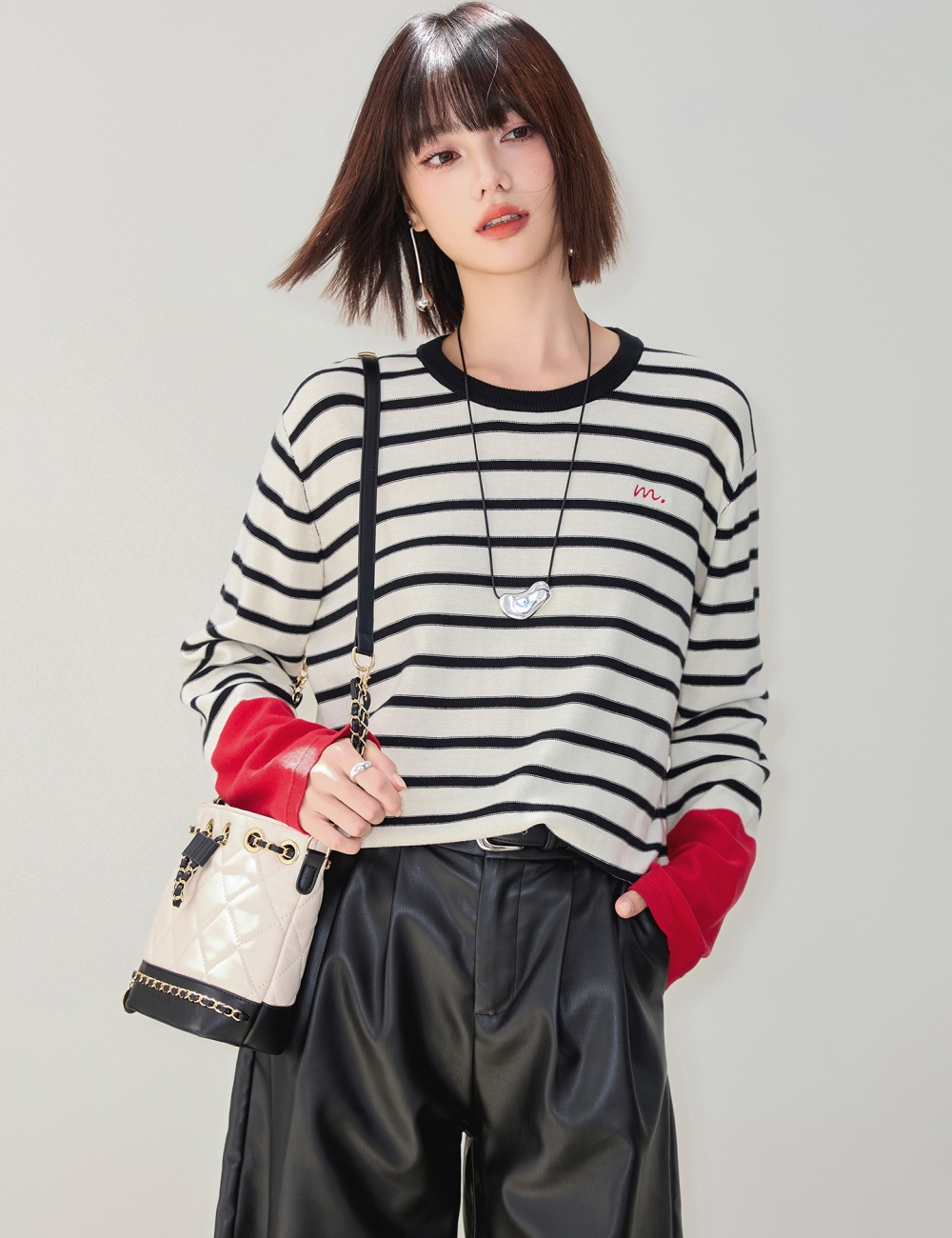 Pullover stripe T-shirt round neck tops for women