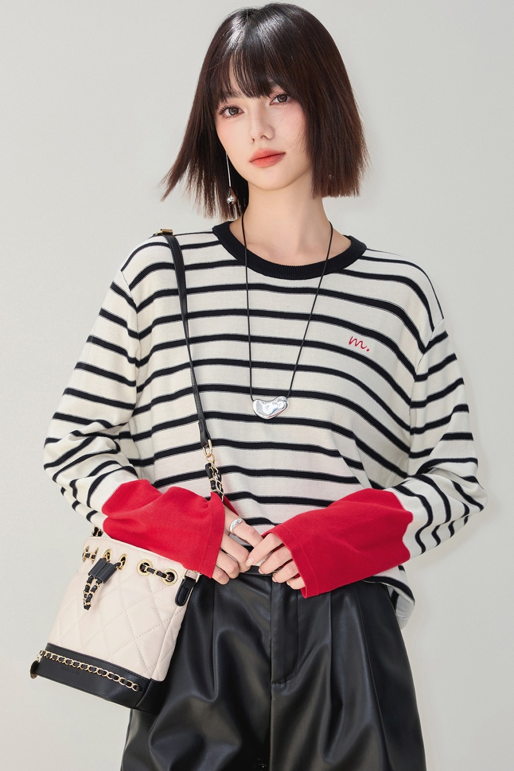 Pullover stripe T-shirt round neck tops for women