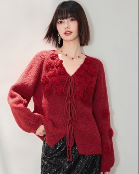 Knitted V-neck rose tops stereoscopic frenum cardigan