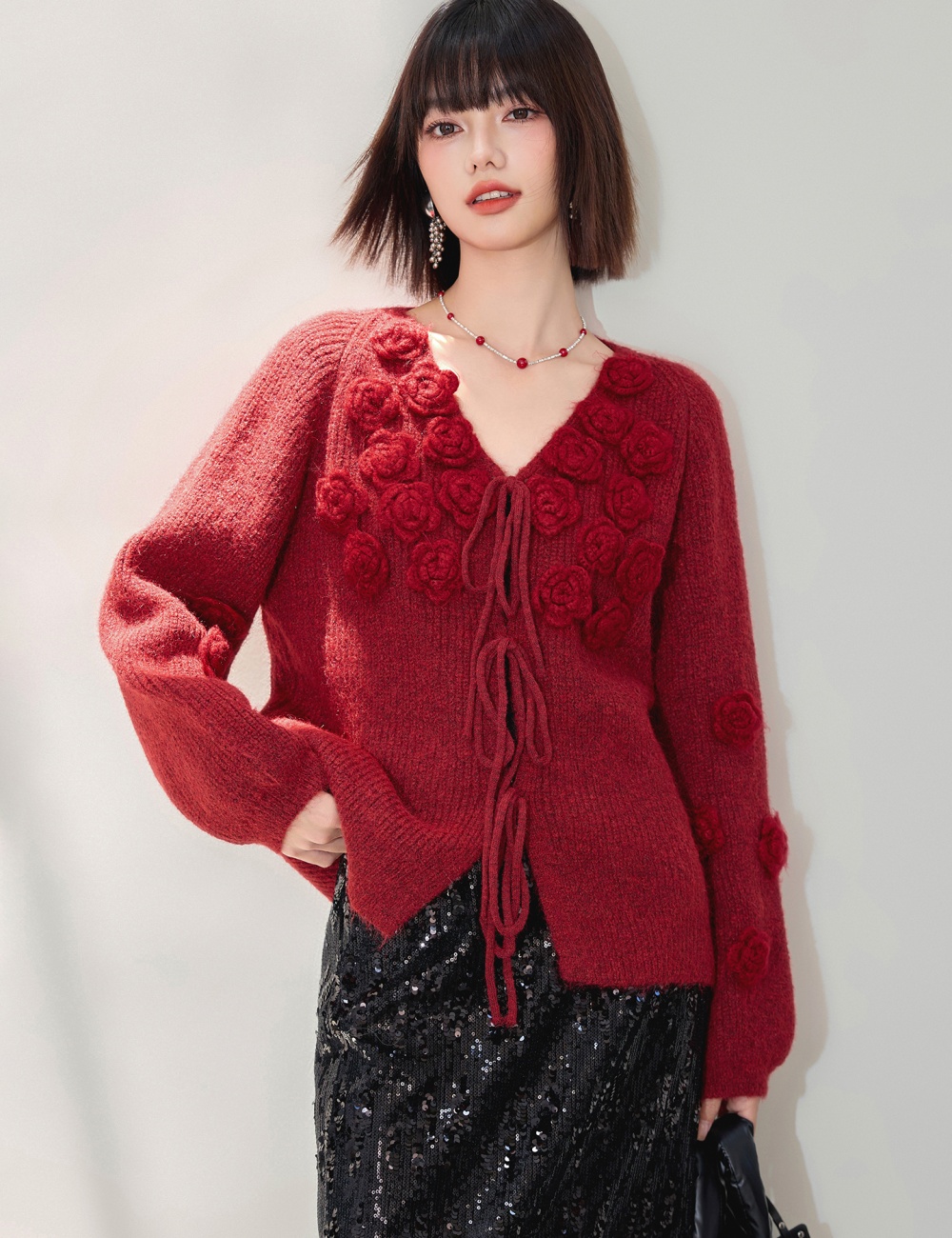 Knitted V-neck rose tops stereoscopic frenum cardigan