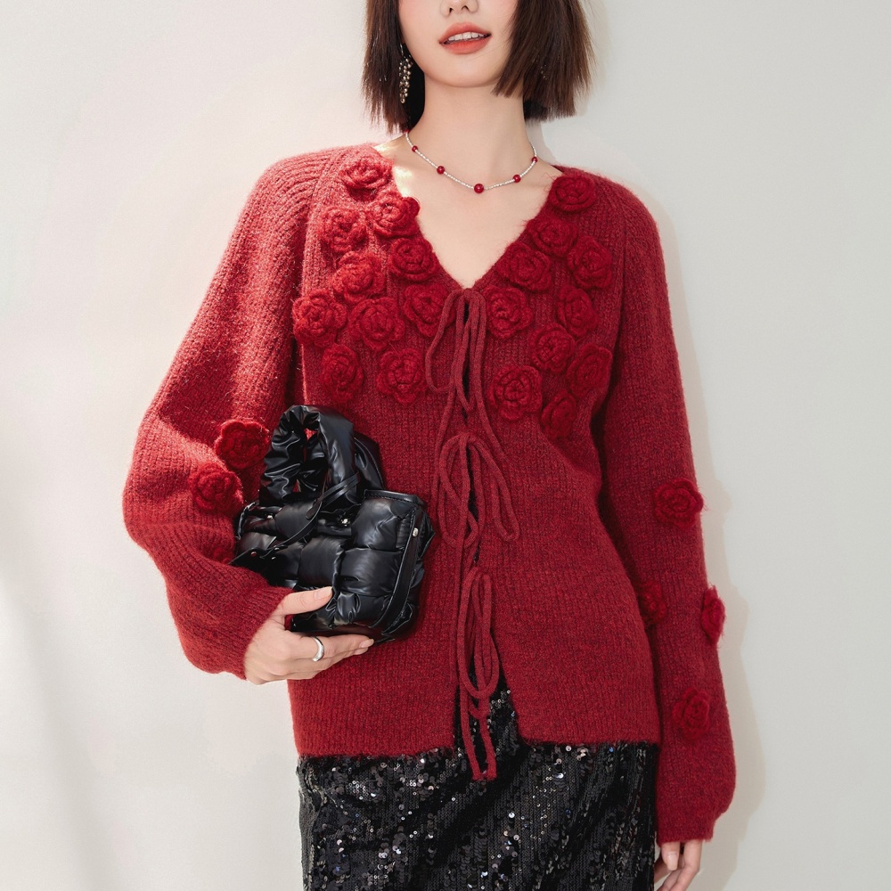 Knitted V-neck rose tops stereoscopic frenum cardigan