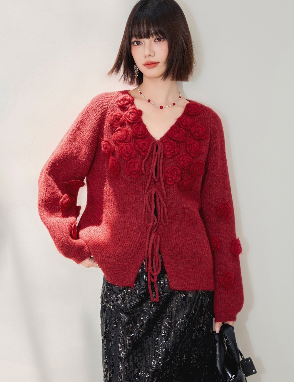 Knitted V-neck rose tops stereoscopic frenum cardigan