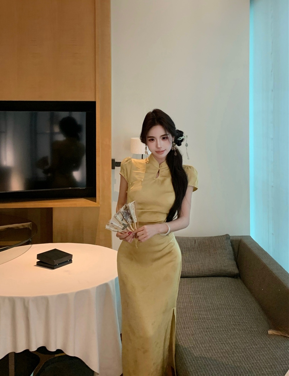 Butterfly Chinese style cheongsam satin light dress