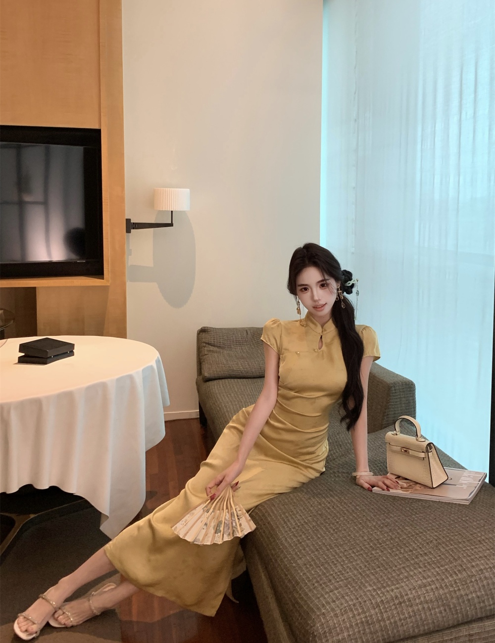 Butterfly Chinese style cheongsam satin light dress