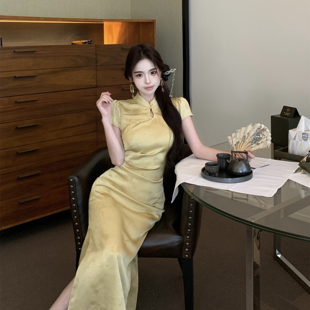 Butterfly Chinese style cheongsam satin light dress