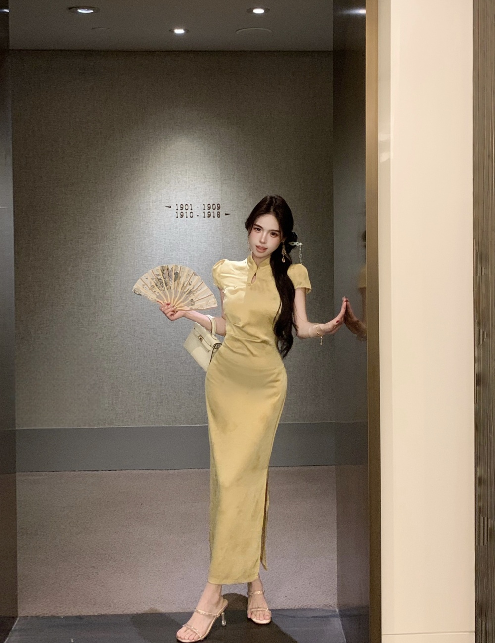 Butterfly Chinese style cheongsam satin light dress