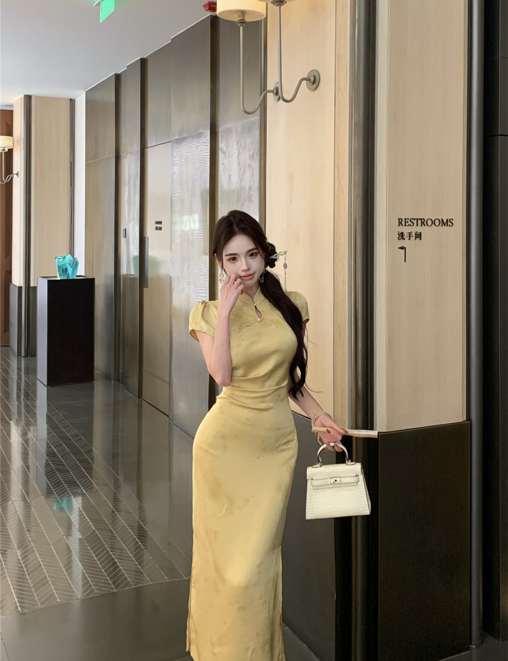 Butterfly Chinese style cheongsam satin light dress