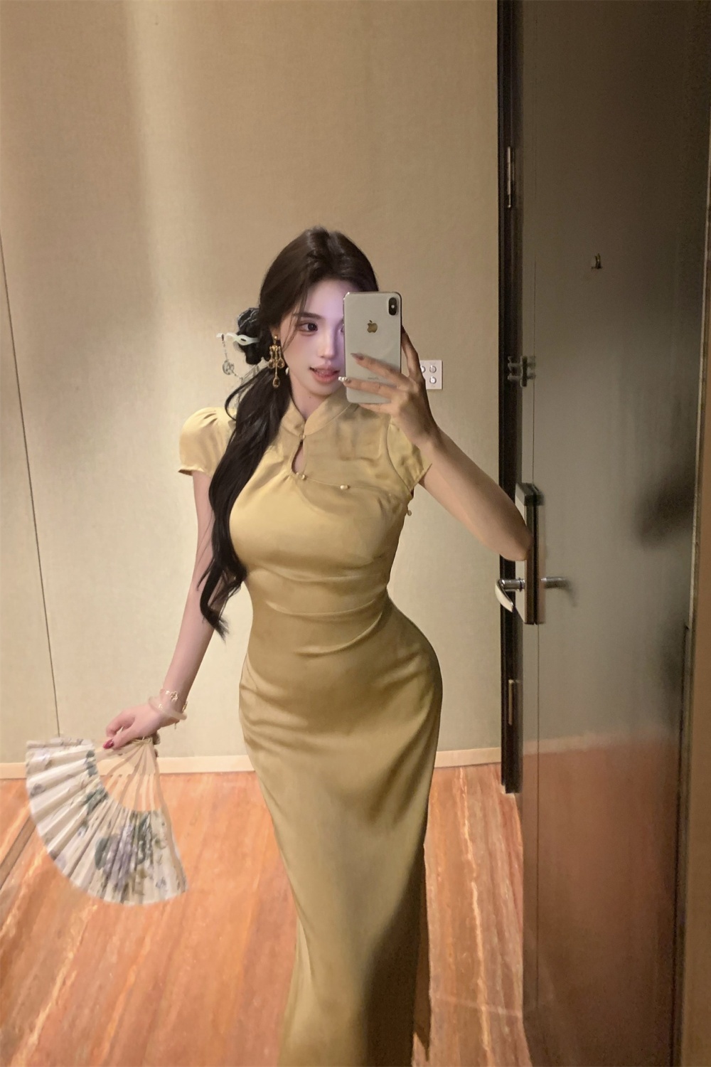 Butterfly Chinese style cheongsam satin light dress