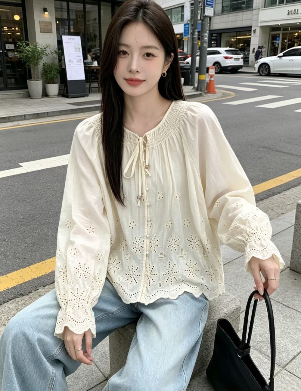Korean style hollow shirt long sleeve tops for women