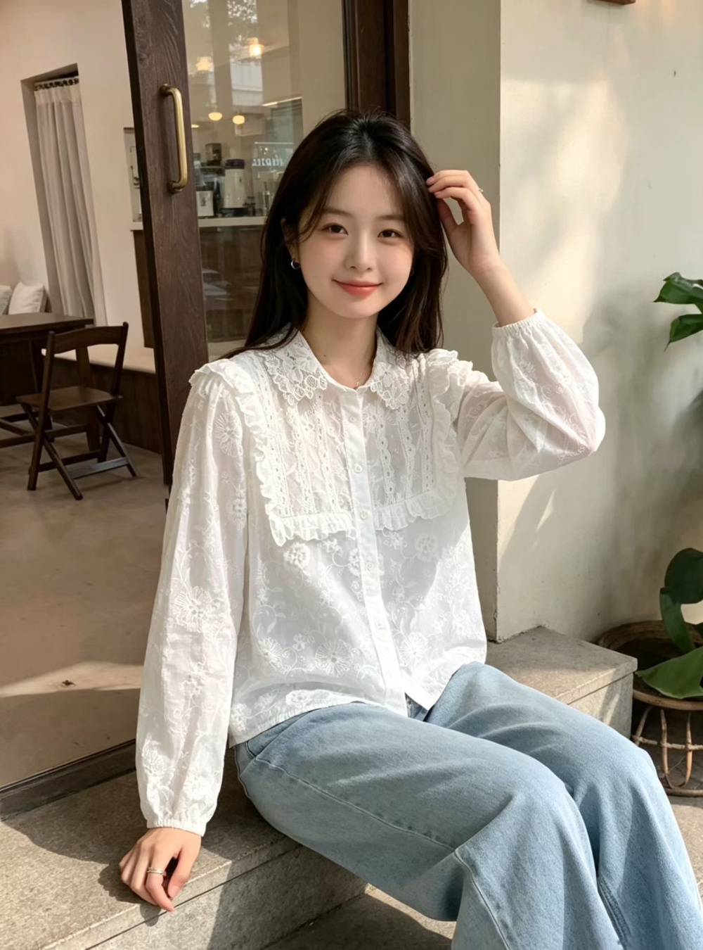 Long sleeve lotus leaf edges shirt lapel tops for women