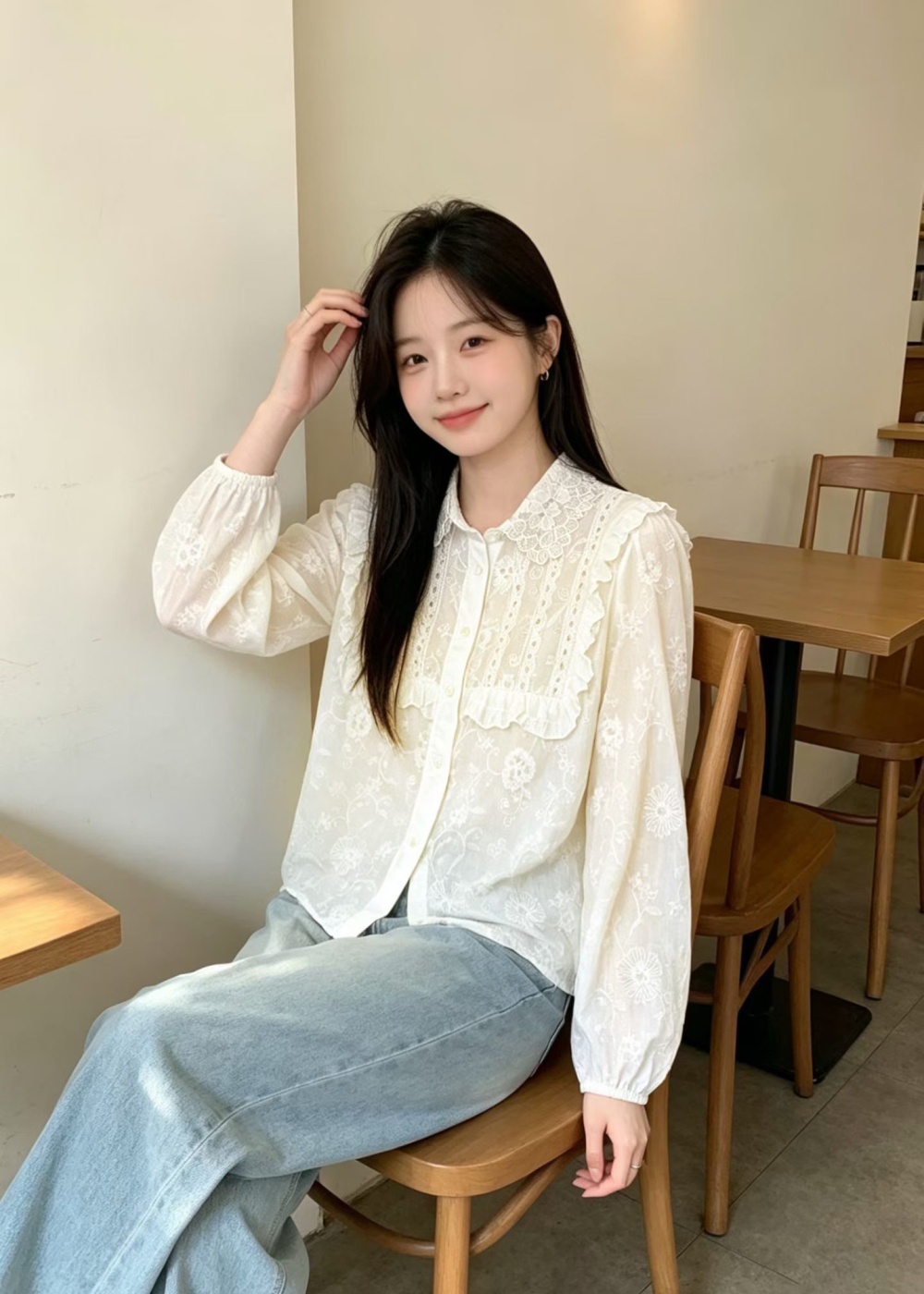 Long sleeve lotus leaf edges shirt lapel tops for women