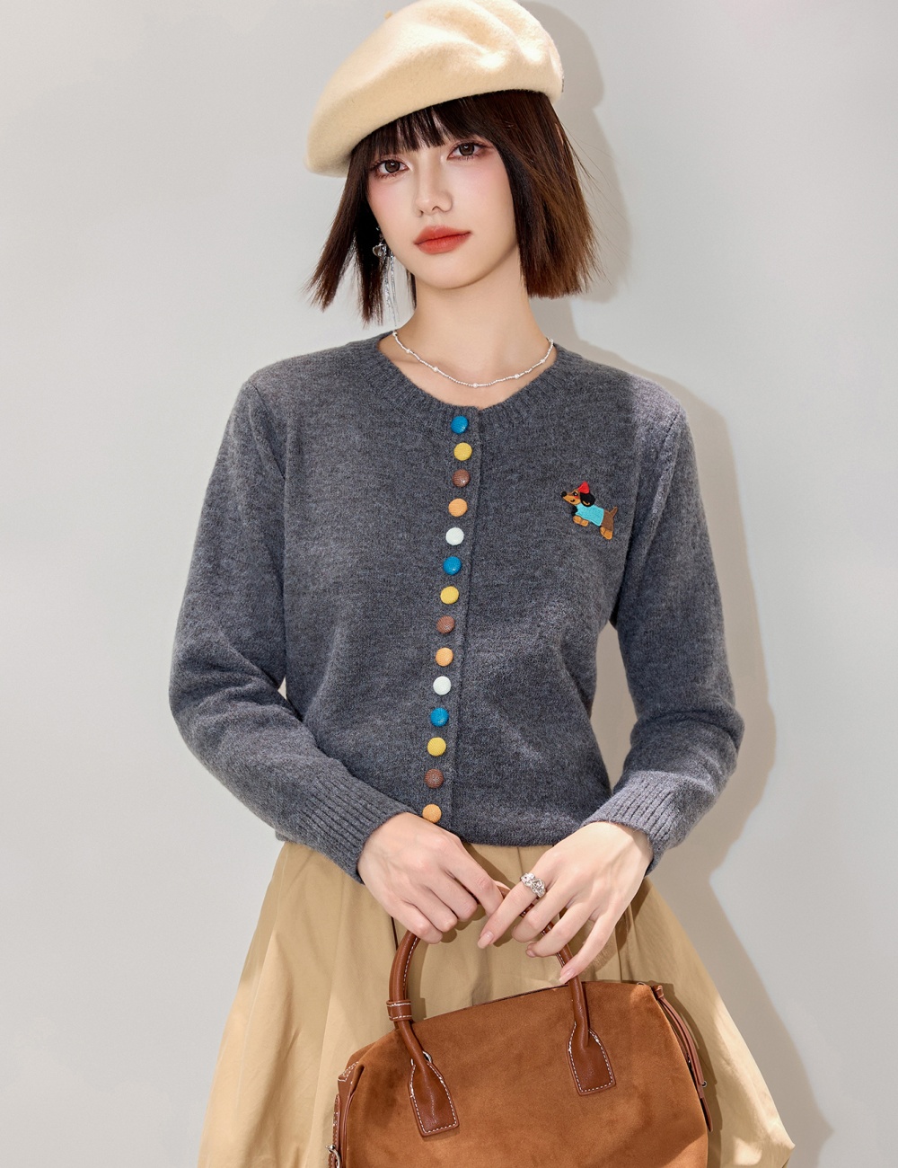 Colors buckle cardigan puppy sweater for women