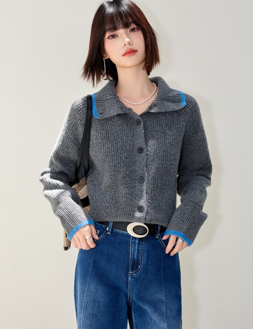 High collar knitted sweater retro cardigan for women