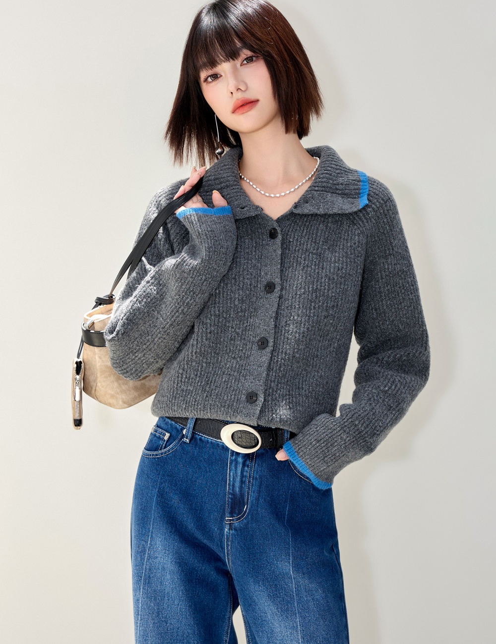 High collar knitted sweater retro cardigan for women
