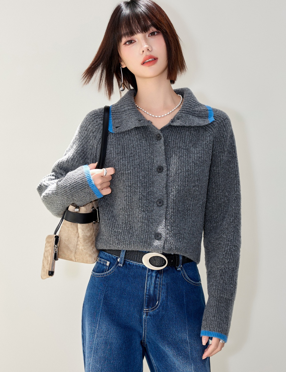 High collar knitted sweater retro cardigan for women