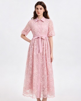 Embroidered France style pinched waist romantic retro dress