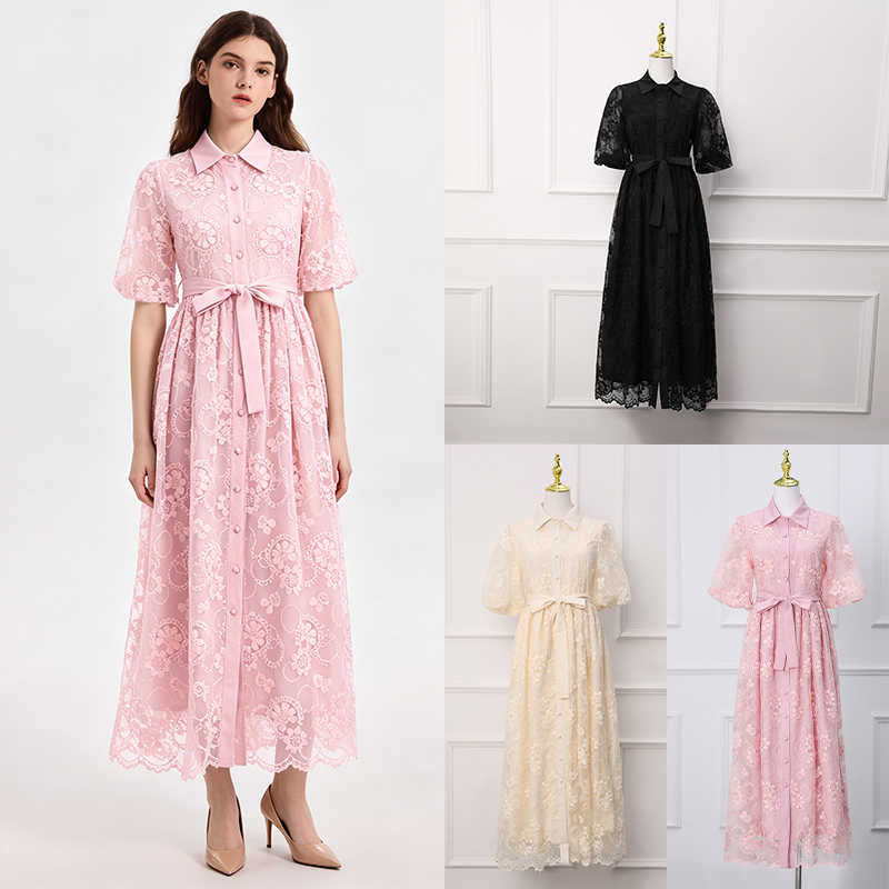 Embroidered France style pinched waist romantic retro dress