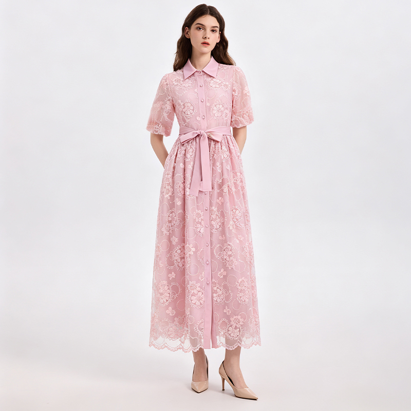 Embroidered France style pinched waist romantic retro dress