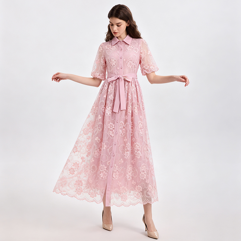 Embroidered France style pinched waist romantic retro dress