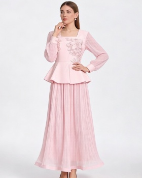 Fashion pleated tops square collar short skirt 2pcs set