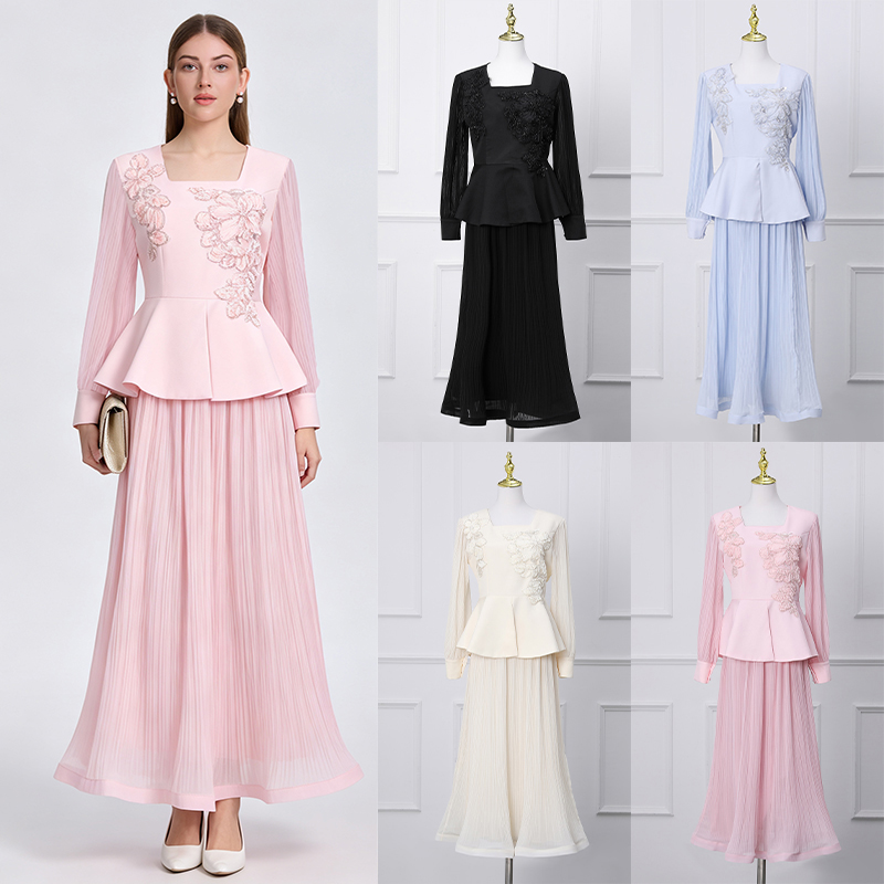 Fashion pleated tops square collar short skirt 2pcs set